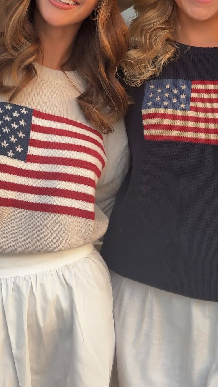 American Culture Clothing: 6 Ideas From Denim to Biker Jackets 5 Two women wearing sweaters featuring the American flag and white skirts.