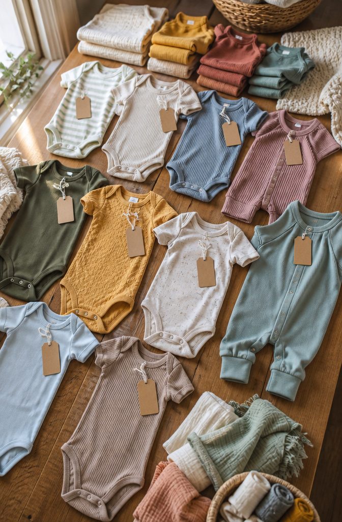A vibrant display of various Bonds infant clothing pieces on hangers.