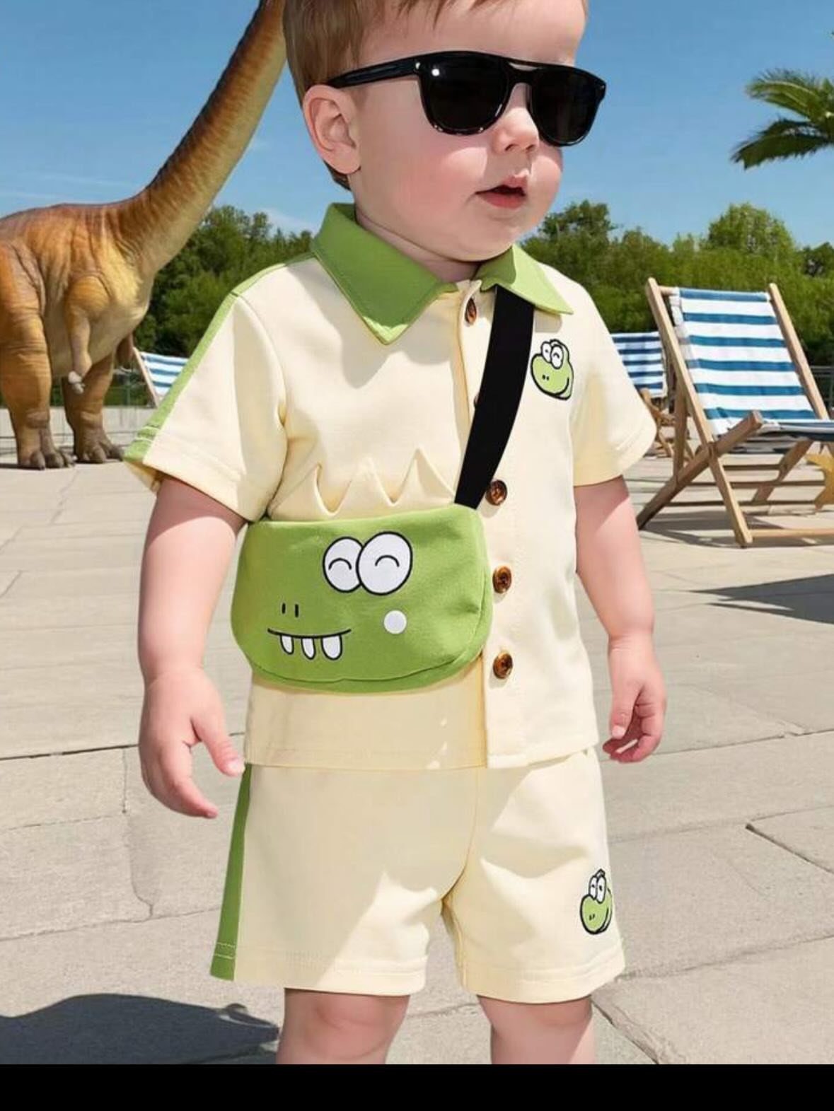 Chinese Infant Clothing: 7 Ideas for Baby Outfits 4 Toddler in cream and green outfit with monster bag and black sunglasses.