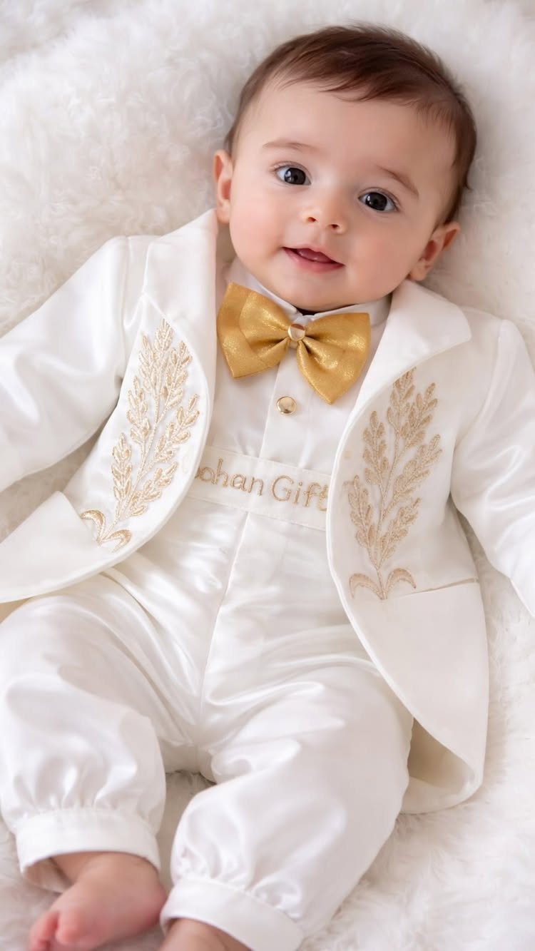 Christian Newborn Clothes for Baptism and Beyond: 5 Ideas 4 Baby in a white formal suit with gold bow tie on fluffy white rug