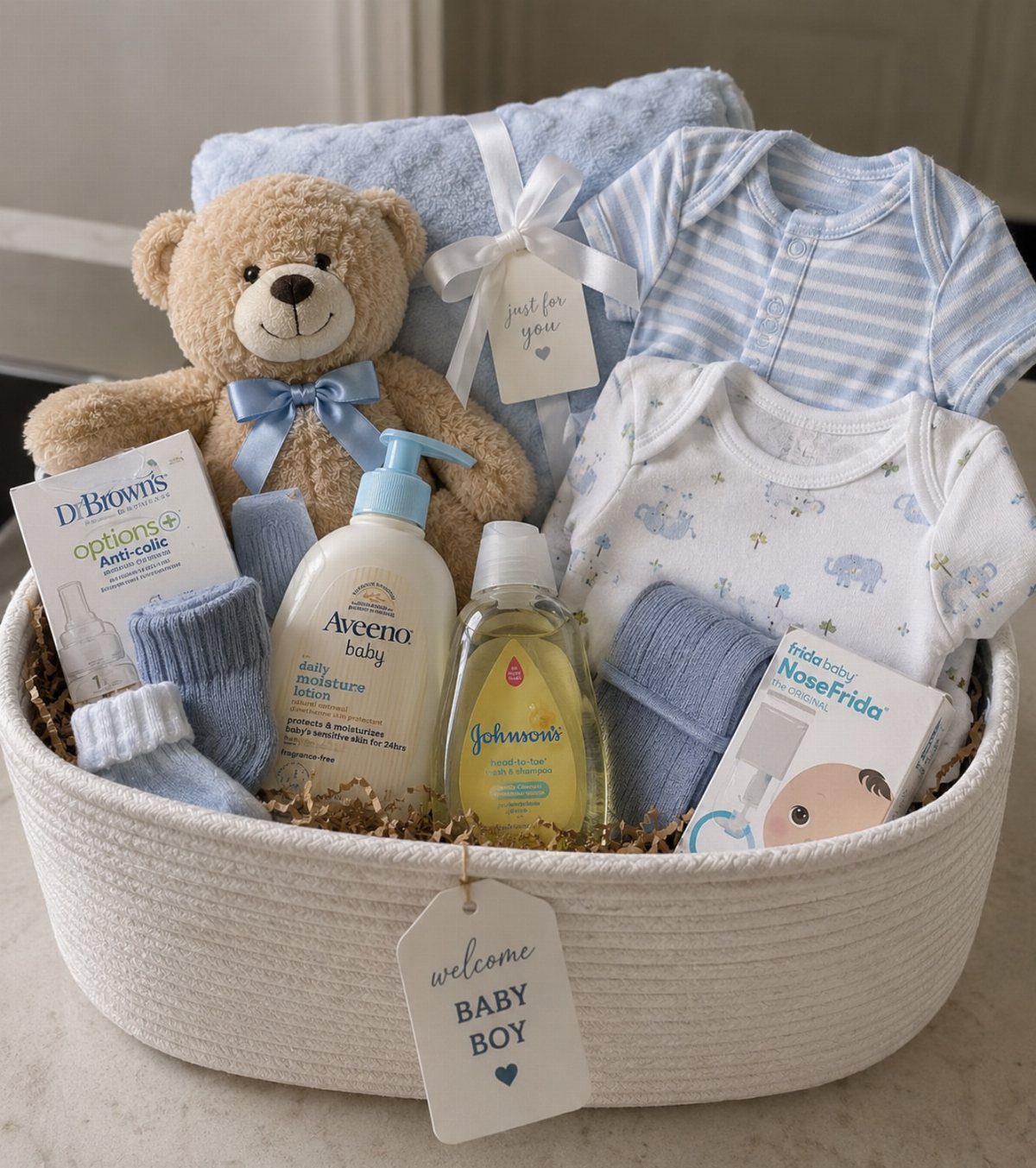 Baby gift set in a white basket with blue clothes, toiletries, and teddy bear.