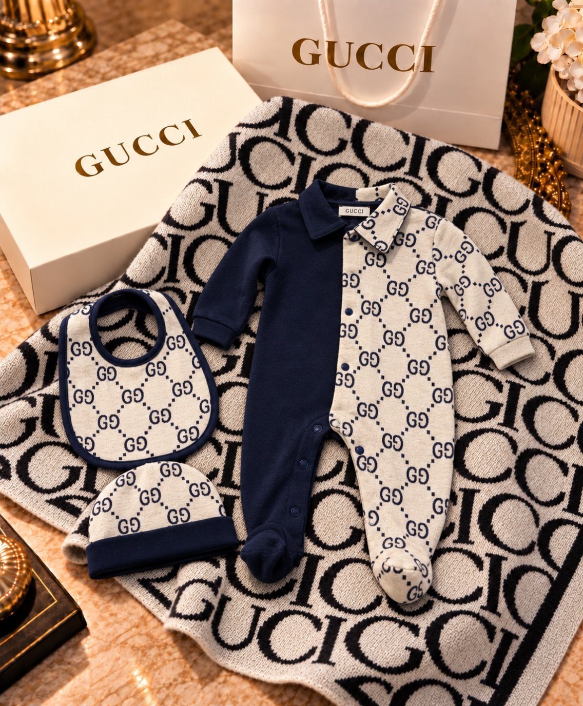 Gucci baby clothing set with onesie, bib, and hat on a branded blanket