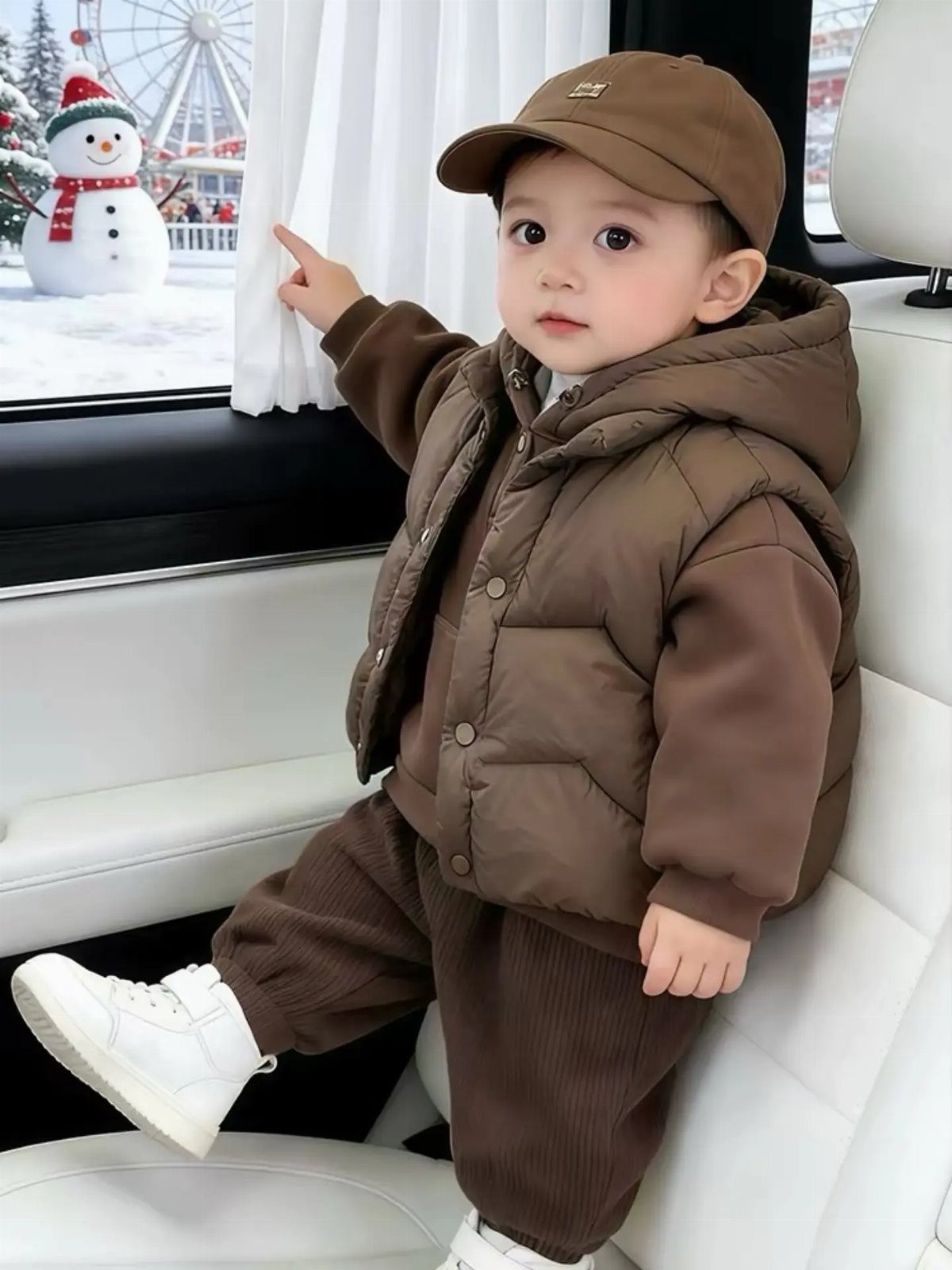 Toddler wearing a stylish brown puffer vest, hoodie, pants, and matching cap.