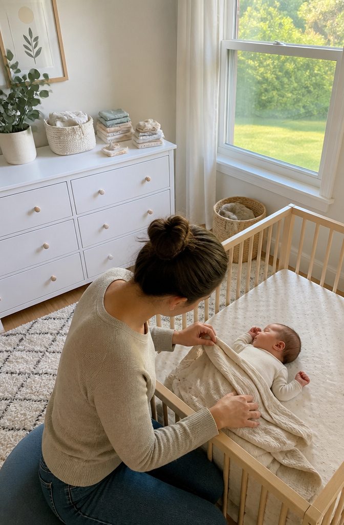 A parent checking a baby's blanket in a nursery.