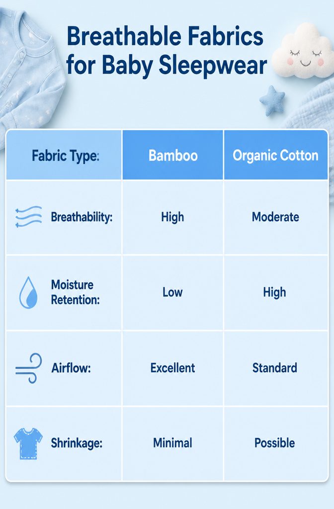 A chart listing breathable fabrics suitable for baby sleepwear.
