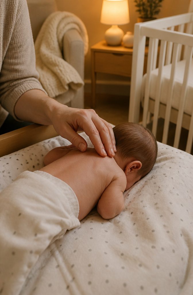 A parent feeling the back of a baby's neck in a nursery.