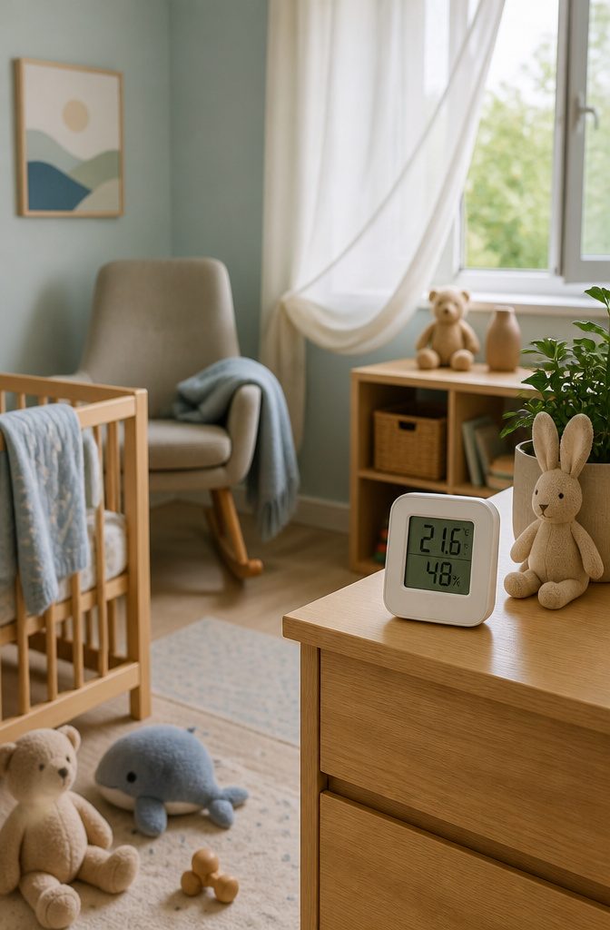 A thermometer displaying room temperature in a nursery.