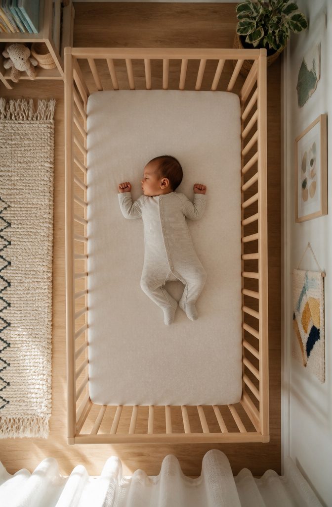 An empty crib with a snug fitted sheet and no loose items.