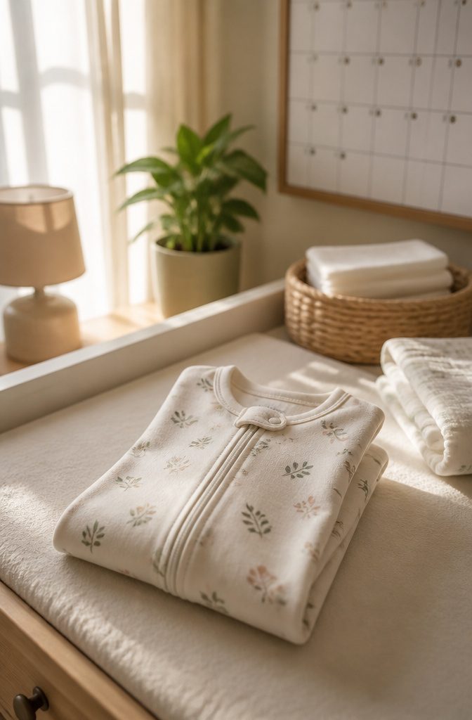 A soft, breathable onesie laid out for a newborn.