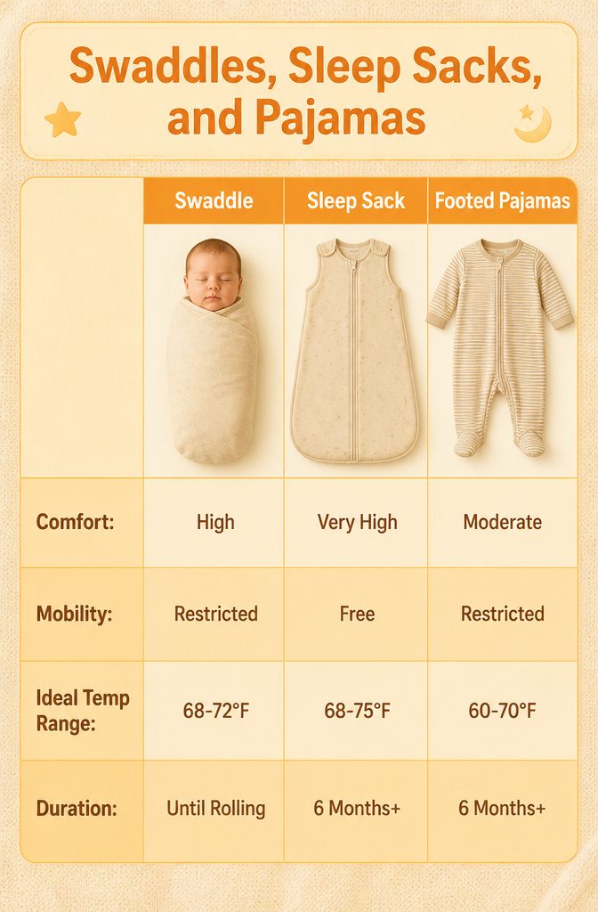A comparison of swaddles, sleep sacks, and pajamas.