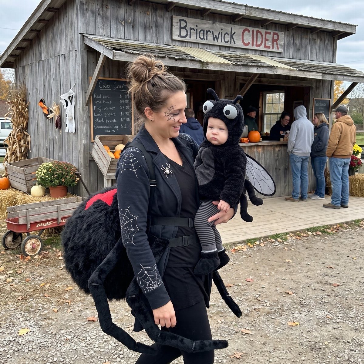 Woman and baby in spider and insect costumes posing by a cider stand.