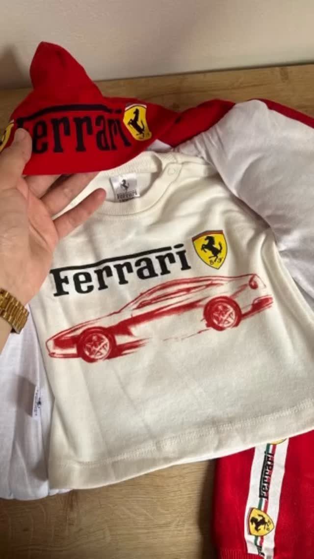 Ferrari Newborn Clothes: 8 Ideas for Red Racing Looks 5 White baby t-shirt with red Ferrari car and matching red hat and pants.