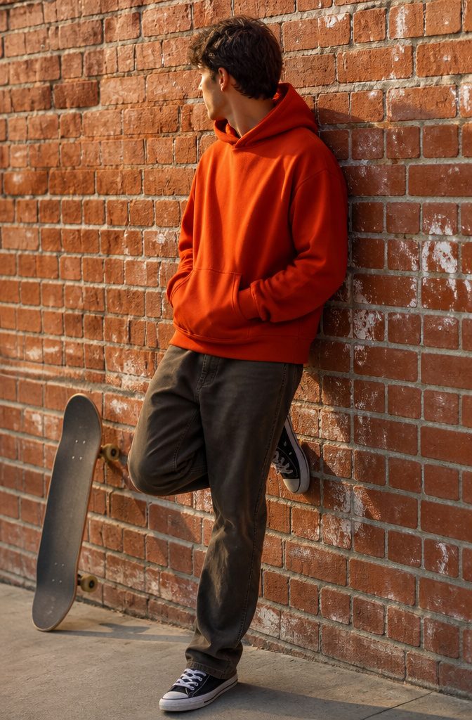 A young man in a hoodie leans against a weathered brick wall.