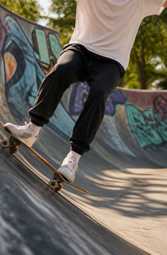A young skater performing tricks in relaxed joggers at a skate park.