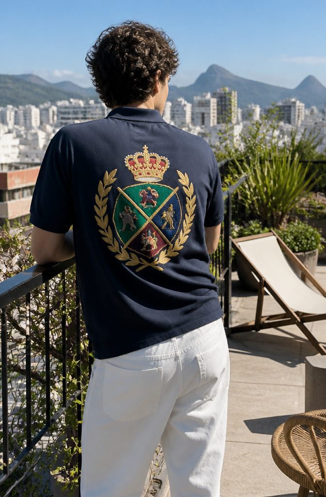 A model wearing a polo shirt on a sunlit rooftop terrace.