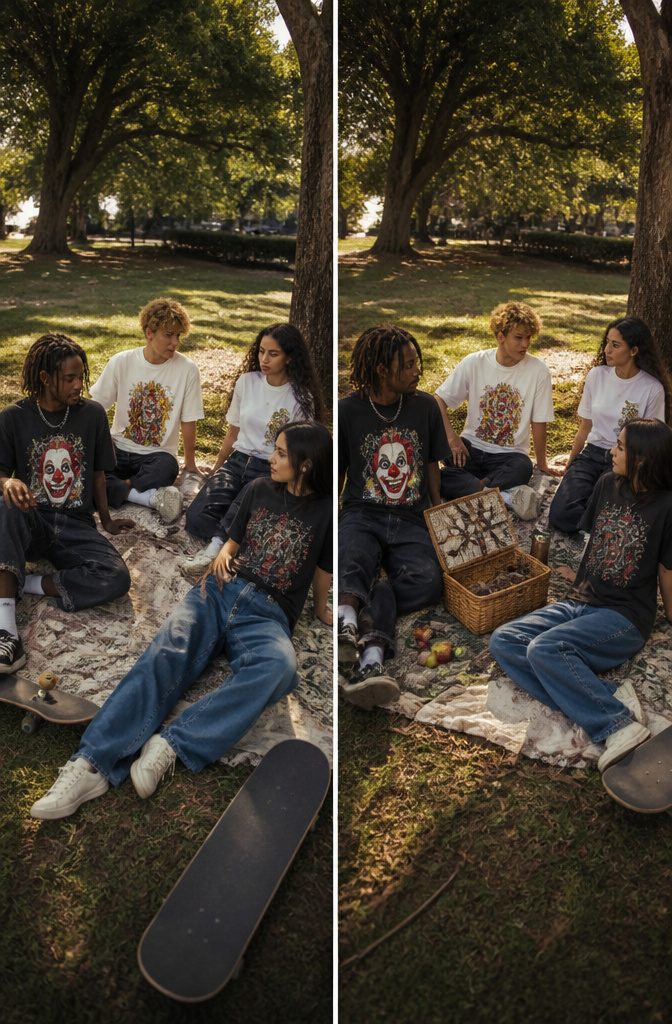 A display of graphic t-shirts showcasing various designs.