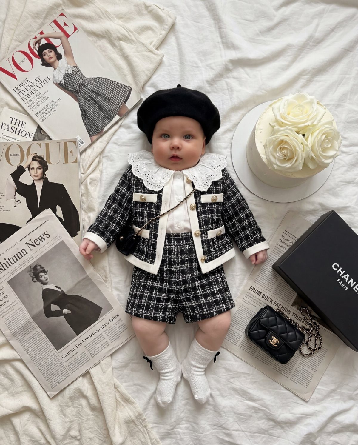 Baby in tweed outfit and black beret surrounded by fashion magazines and luxury items