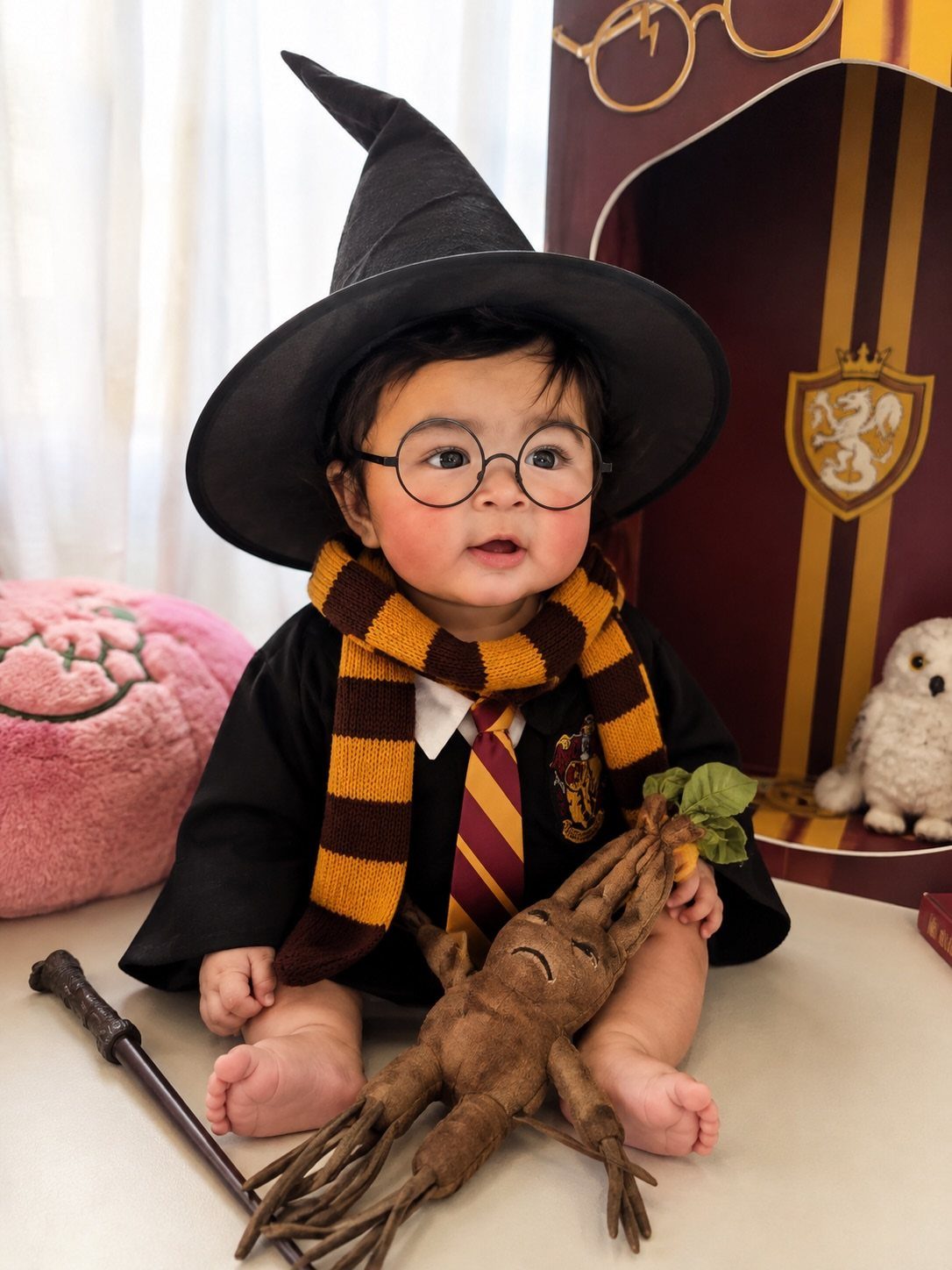 Harry Potter Baby Clothes: 5 Ideas for Little Wizards 4 Baby dressed in Harry Potter wizard clothes with a hat, scarf, and wand