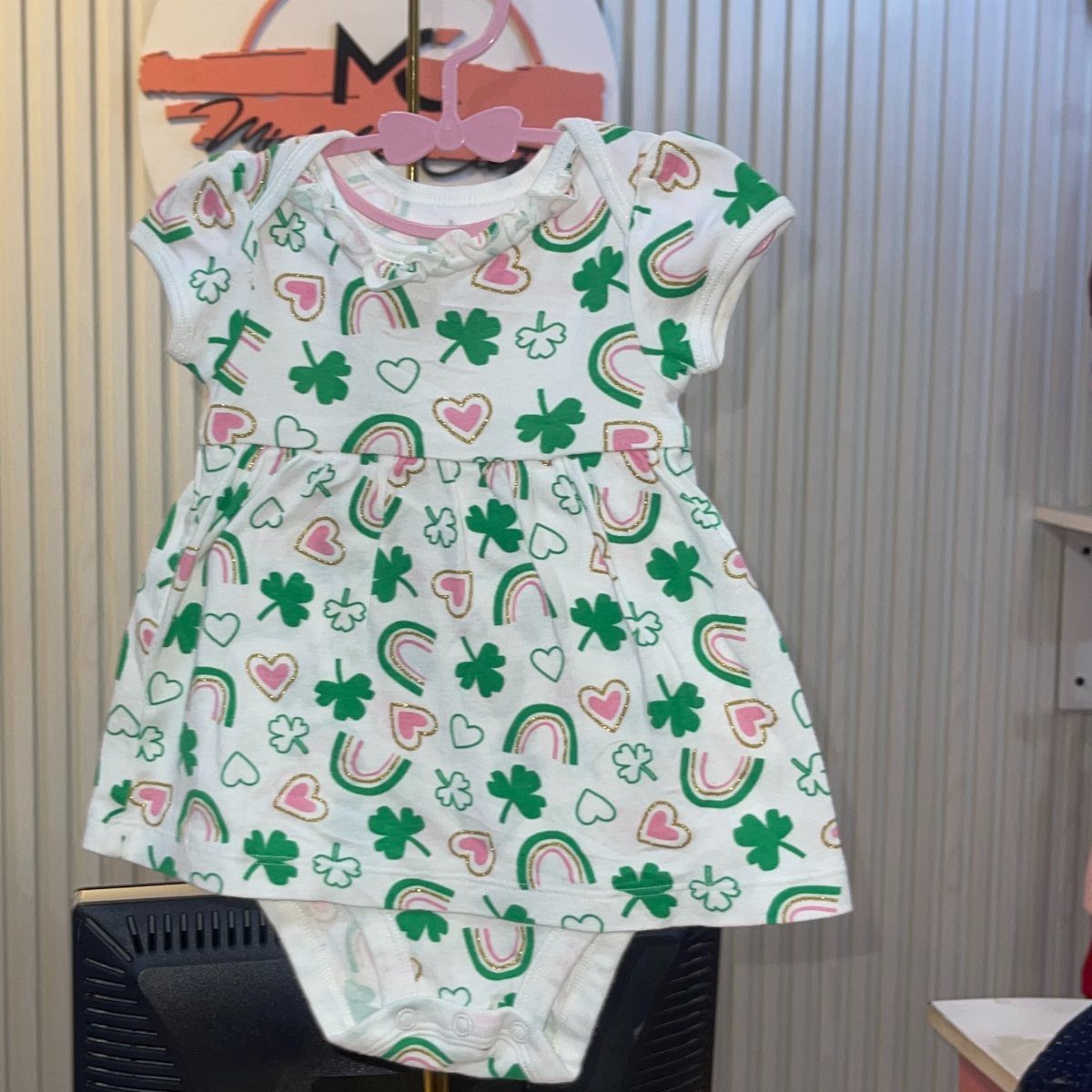Infant St Patty's Day Clothing: 7 Ideas for Baby 3 White infant dress and bodysuit with green shamrocks, pink hearts, and rainbows.