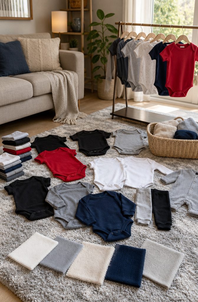 A well-lit living room showcasing infant UFC clothing on a table.