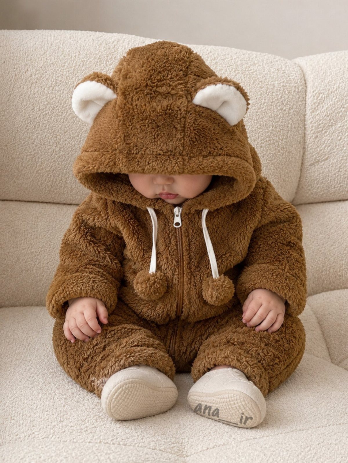 Baby wearing a brown teddy fleece hooded jumpsuit sitting on a cream sofa