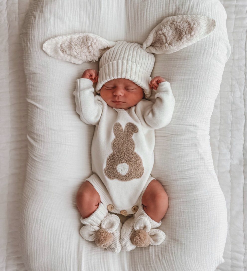 Sleeping newborn baby wearing a white bunny printed romper and matching bunny hat.