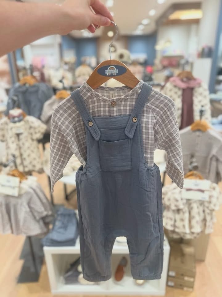 Baby outfit with checkered shirt and blue-grey overalls hanging on a wooden hanger.