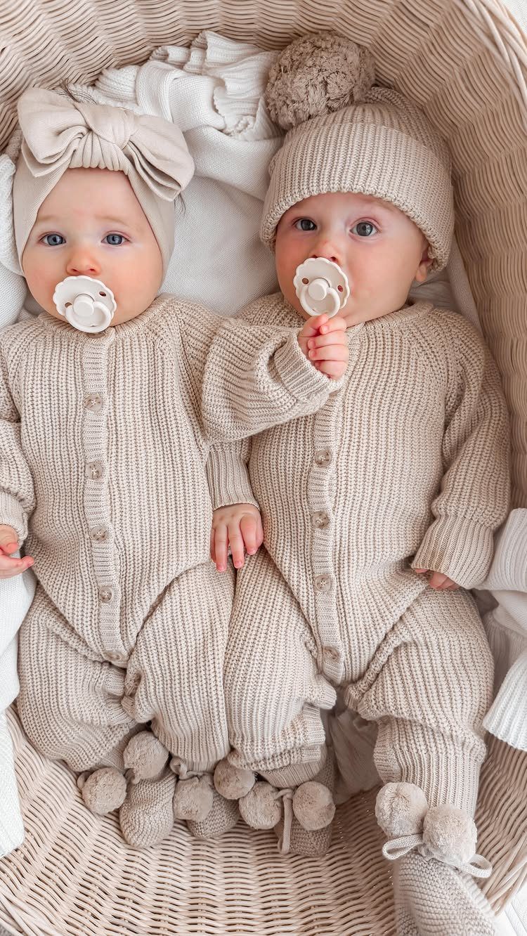 Two infants in beige ribbed knit rompers lying in a woven basket.