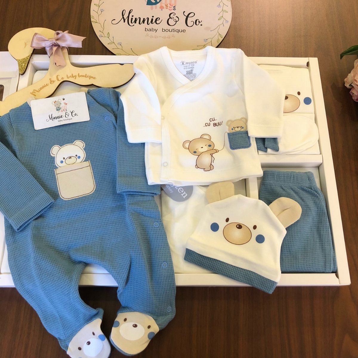 Newborn Clothes Made in USA: 3 Ideas for Gifts and Daily Wear 1 Baby clothing gift set with blue romper, white shirt, and bear hat in box
