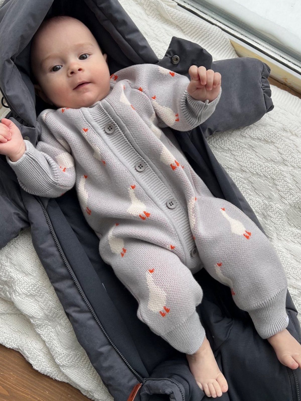 Newborn baby in a grey goose-patterned knitted outfit lying in a stroller footmuff.