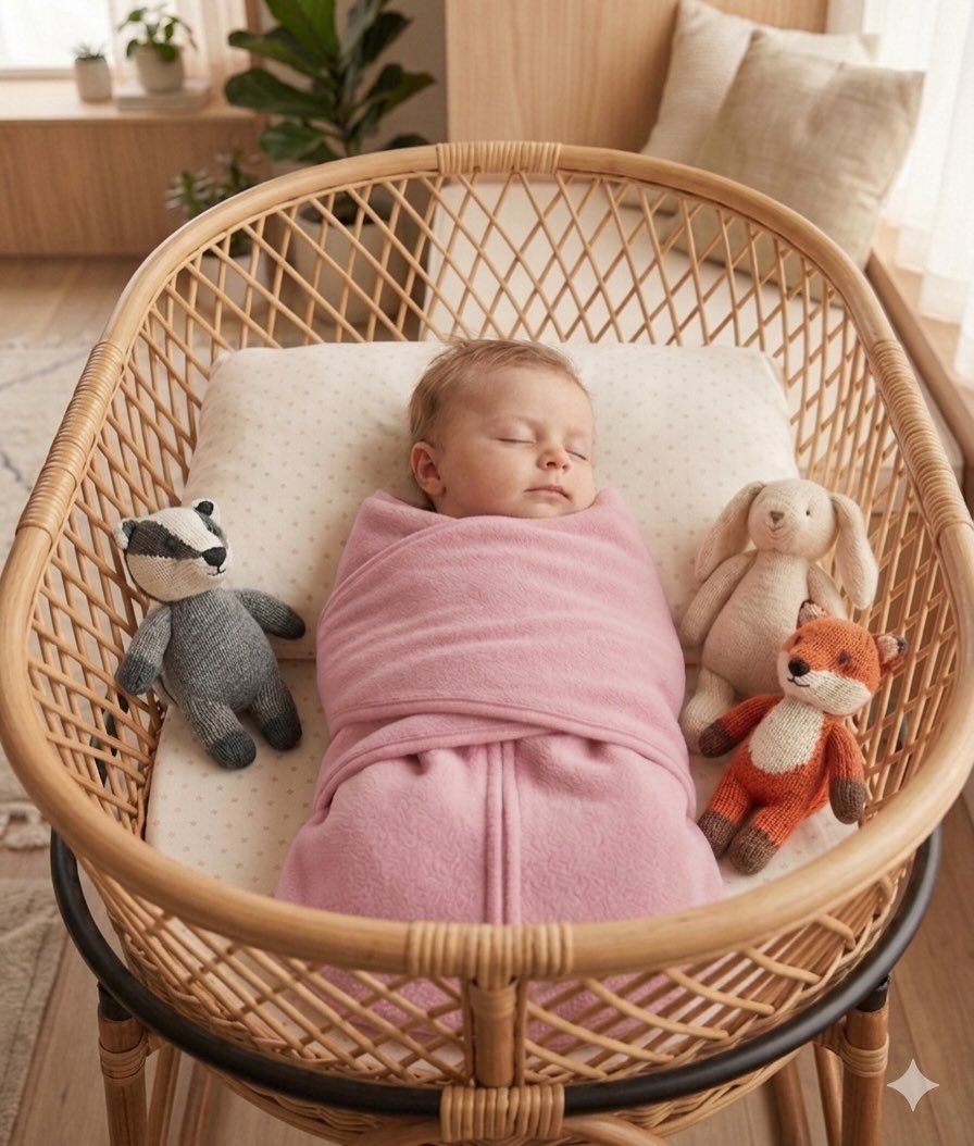 Sleeping newborn wrapped in a pink swaddle blanket inside a wicker bassinet.
