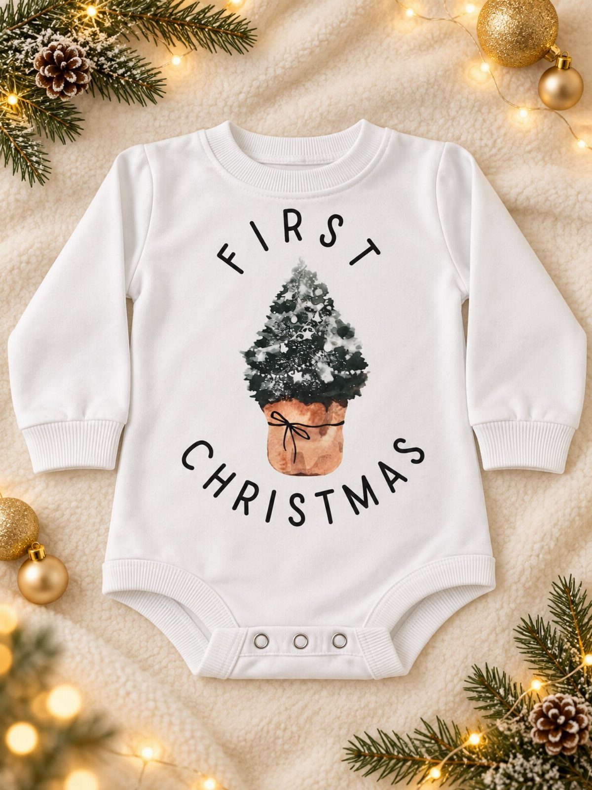 White baby bodysuit with a Christmas tree graphic and First Christmas text.
