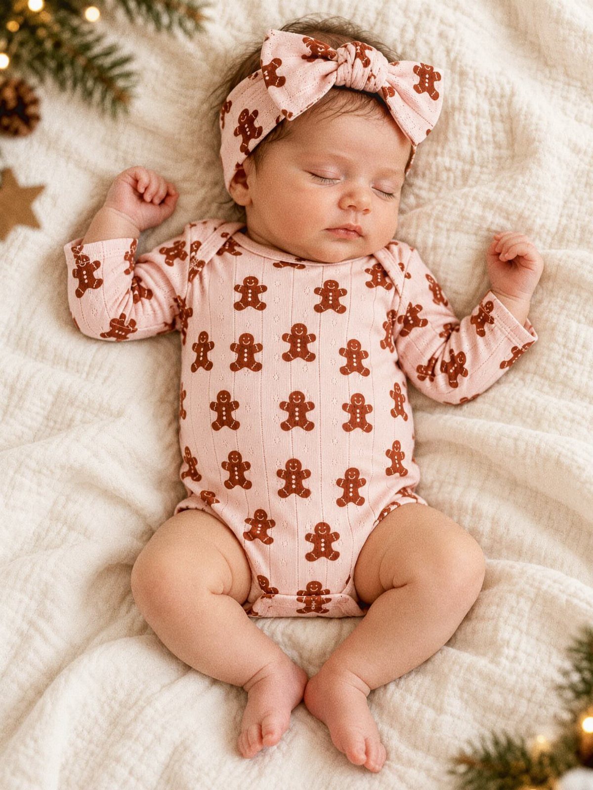 Sleeping newborn baby wearing a pink gingerbread man print bodysuit and matching bow headband.