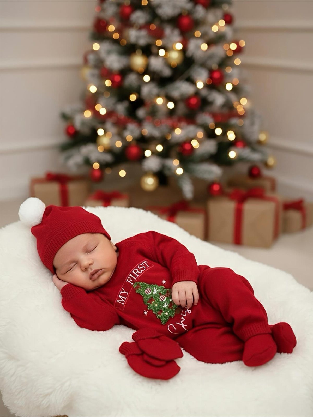 Sleeping newborn in red Christmas romper and hat on white fur rug