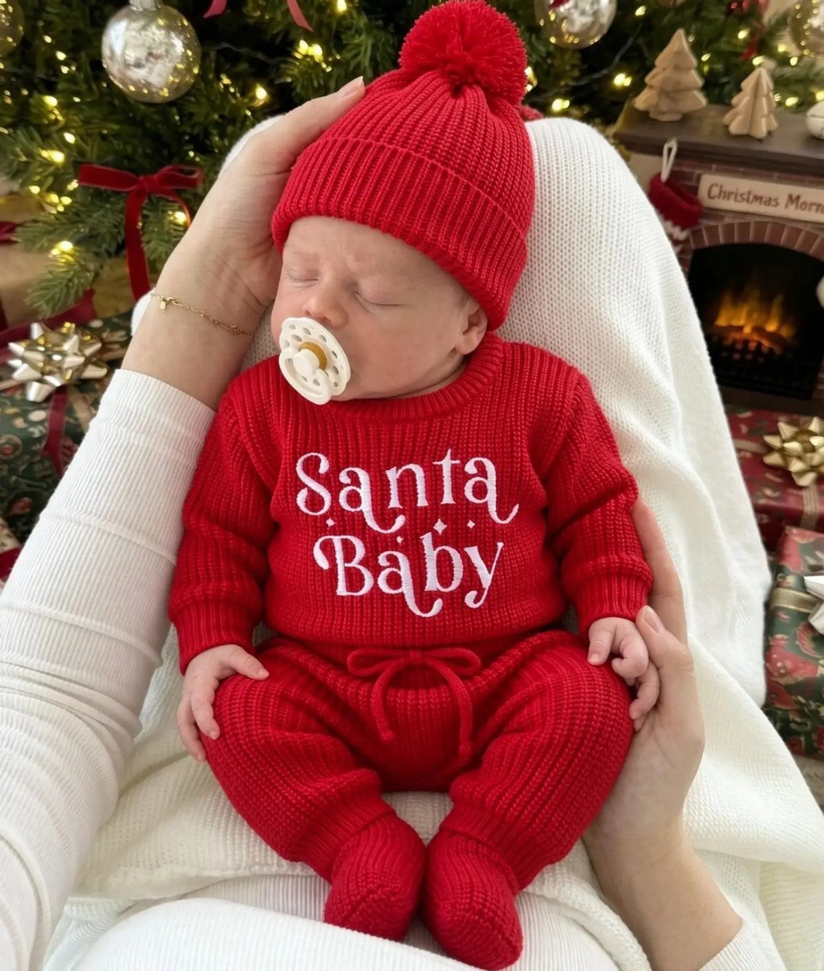Newborn baby in red Santa Baby sweater and hat held near Christmas tree