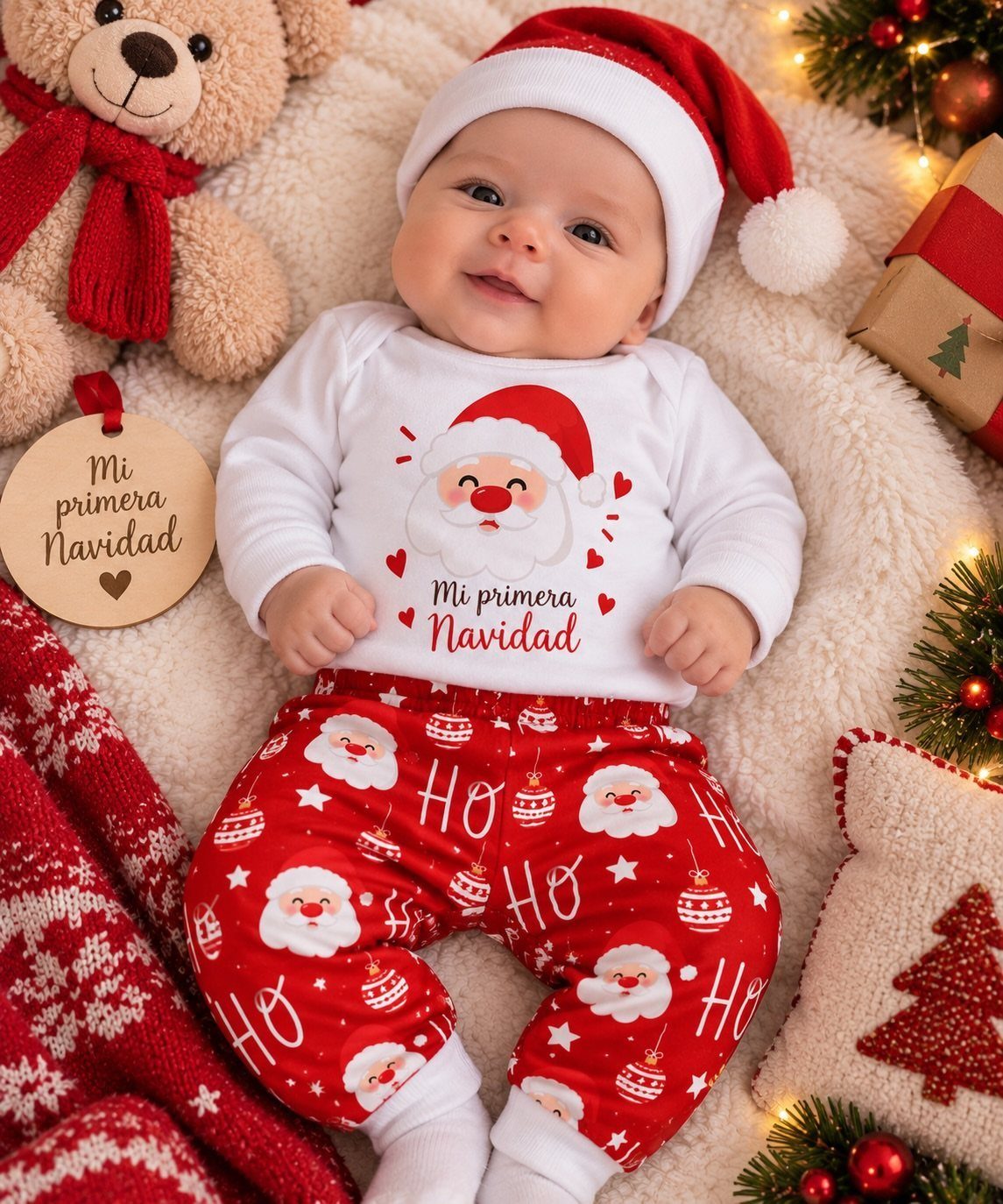 Newborn baby in a Santa outfit and hat lying on a white fluffy blanket.