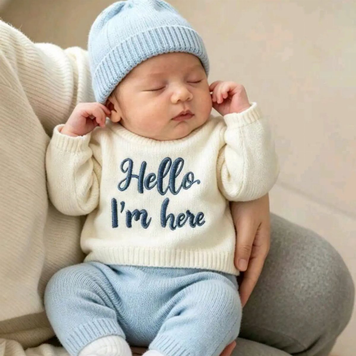 Sleeping newborn baby wearing a blue beanie, cream sweater, and blue knit pants.