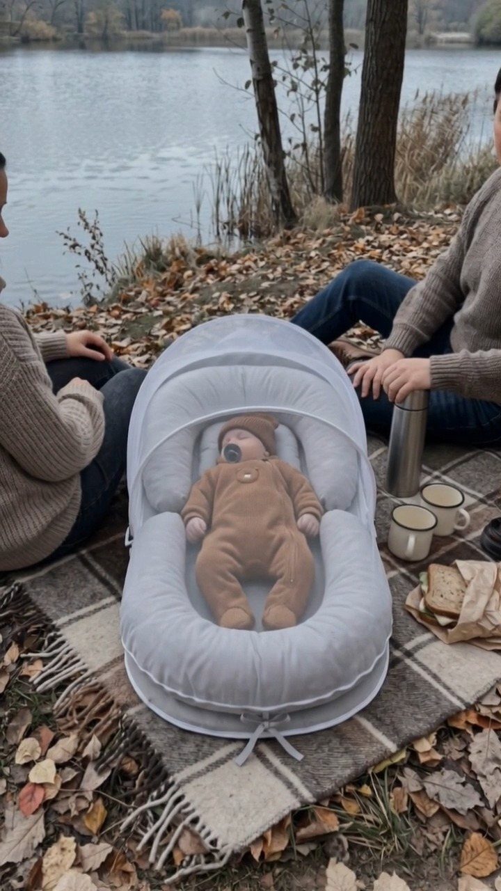 Newborn baby in brown knitted outdoor clothes lying in a grey baby nest outdoors.