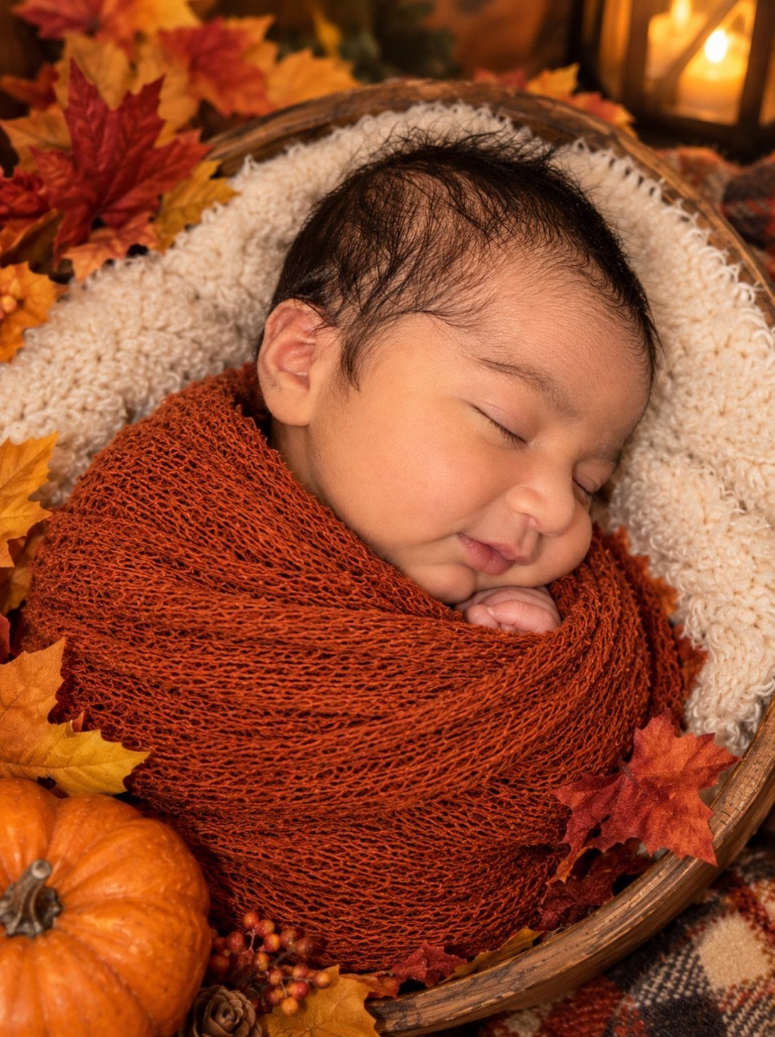 Sleeping newborn baby wrapped in orange swaddle inside a wooden bowl with autumn leaves