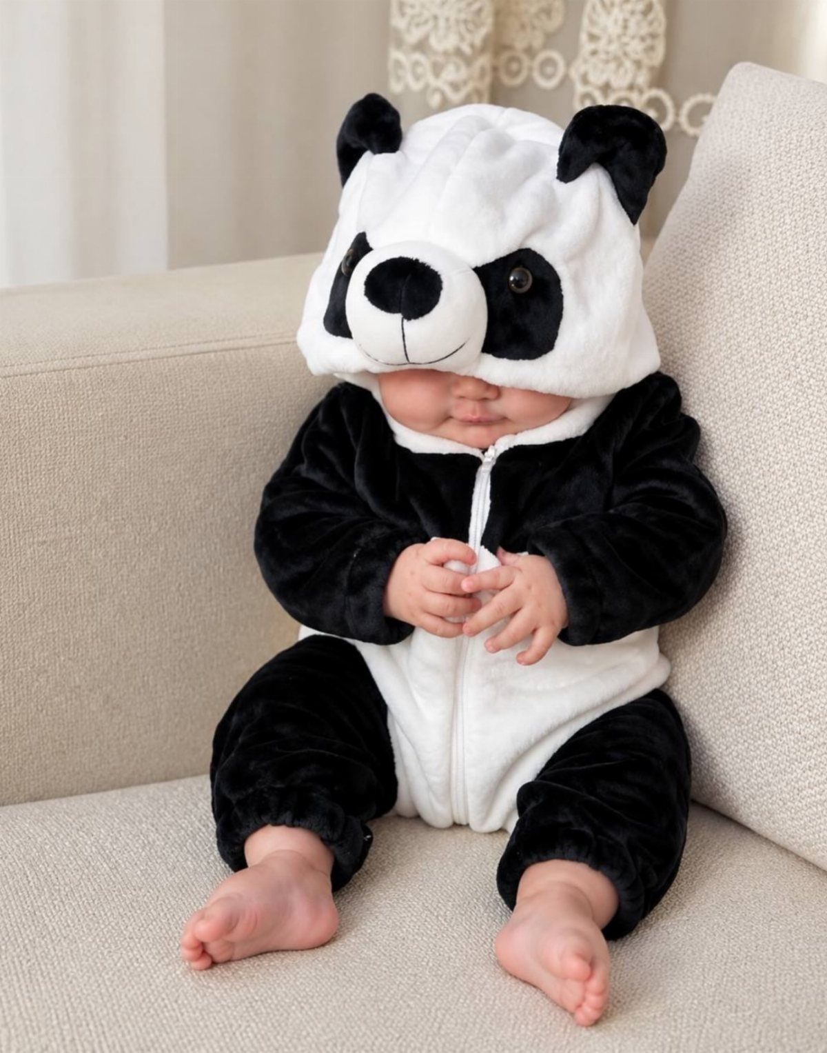 Baby wearing a plush panda romper with a 3D panda face hood.
