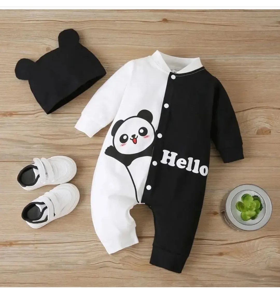 Black and white panda infant romper with matching beanie and white shoes.