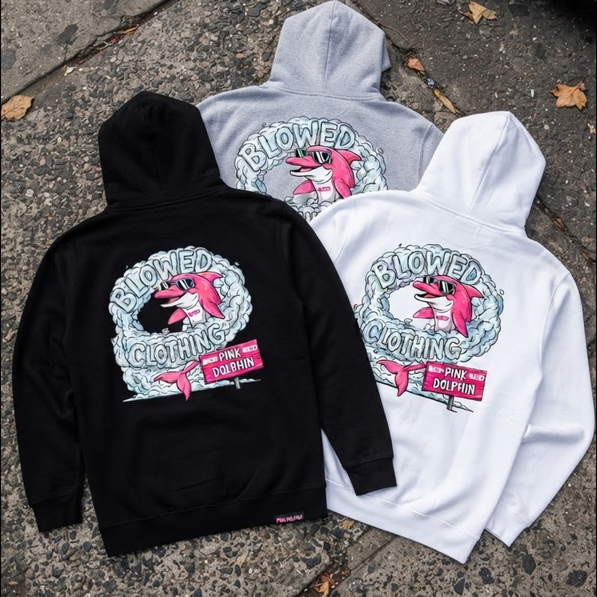 Pink Dolphin Clothing: 7 Ideas for Hoodies, Hats and More 1 Three hoodies in black, white, and grey featuring a pink dolphin graphic design.