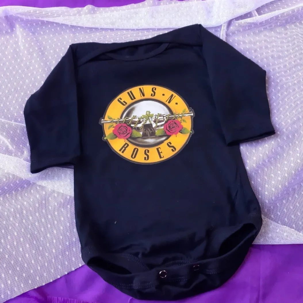 Rockstar Infant Clothing Ideas: 5 Looks for Little Rockers 5 Black infant bodysuit with a Guns N' Roses logo on white textured fabric.