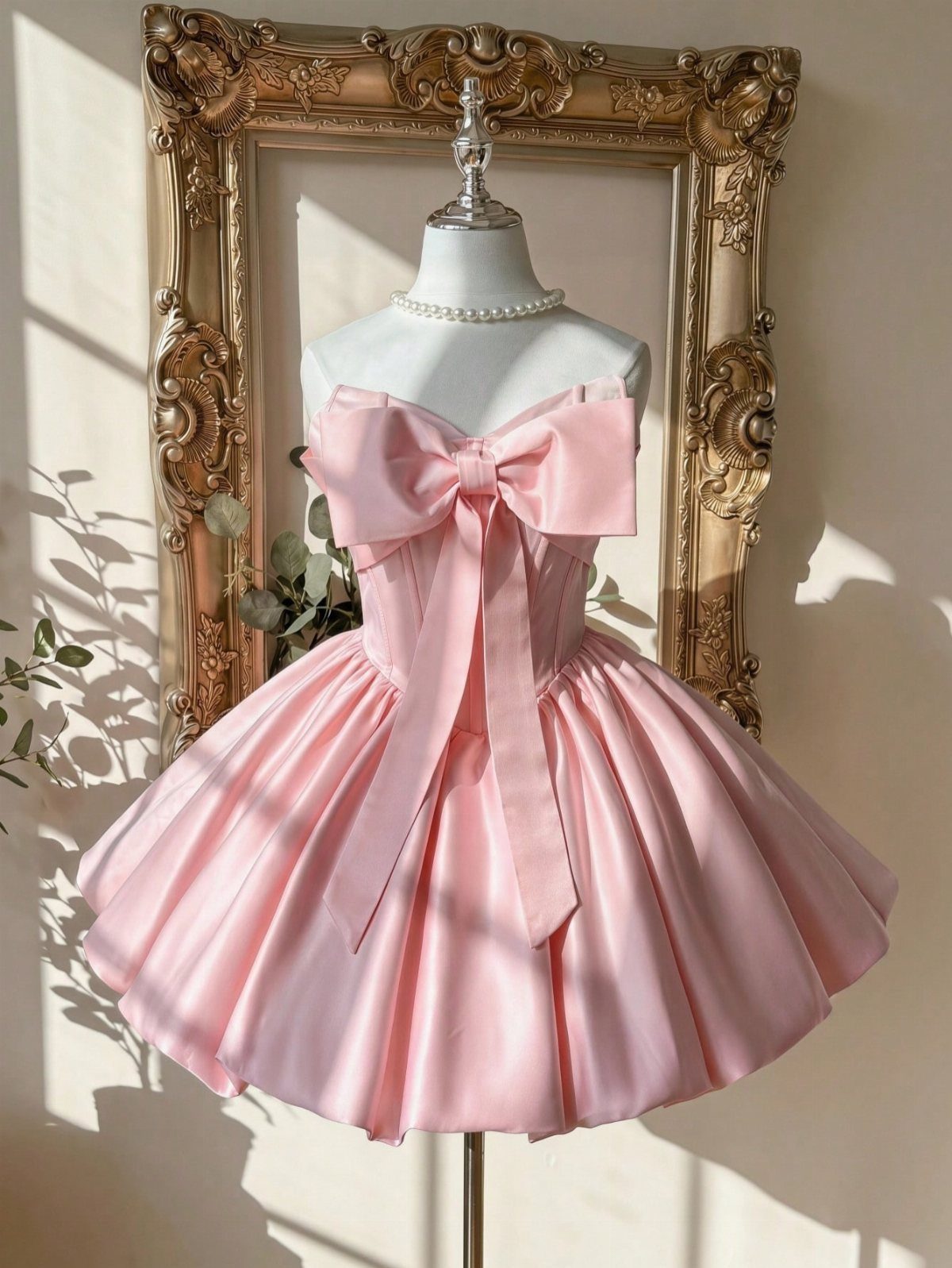 Pink satin bow dress on a mannequin in front of a gold frame