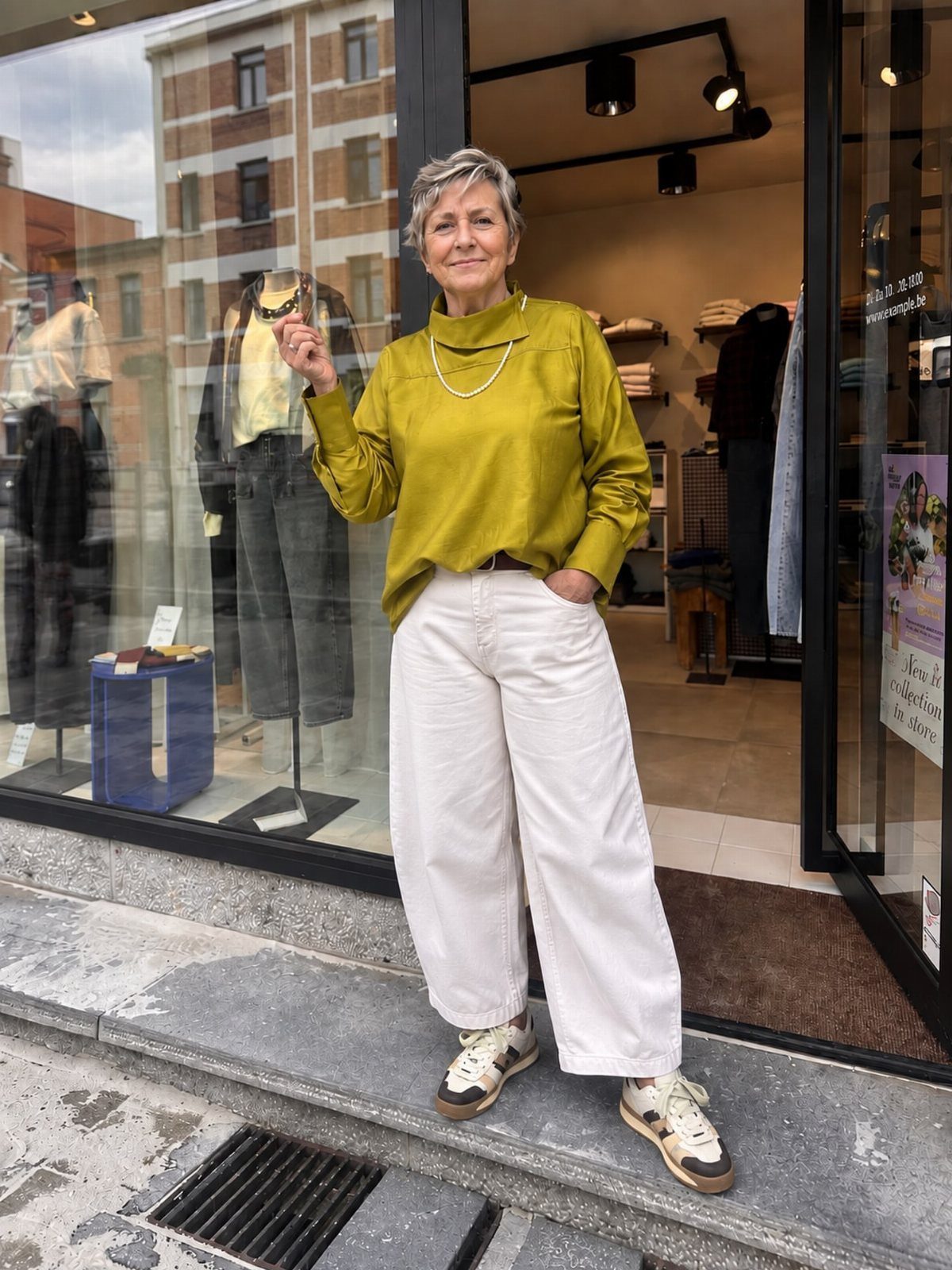 Swedish Women's Clothing Ideas: 8 Outfits to Wear Now 8 Woman wearing a mustard yellow top and wide white trousers outside a boutique.