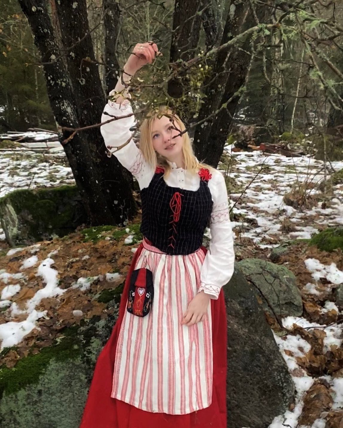 Swedish Women's Clothing Ideas: 8 Outfits to Wear Now 3 Woman in traditional Swedish folk costume standing in a snowy winter forest.