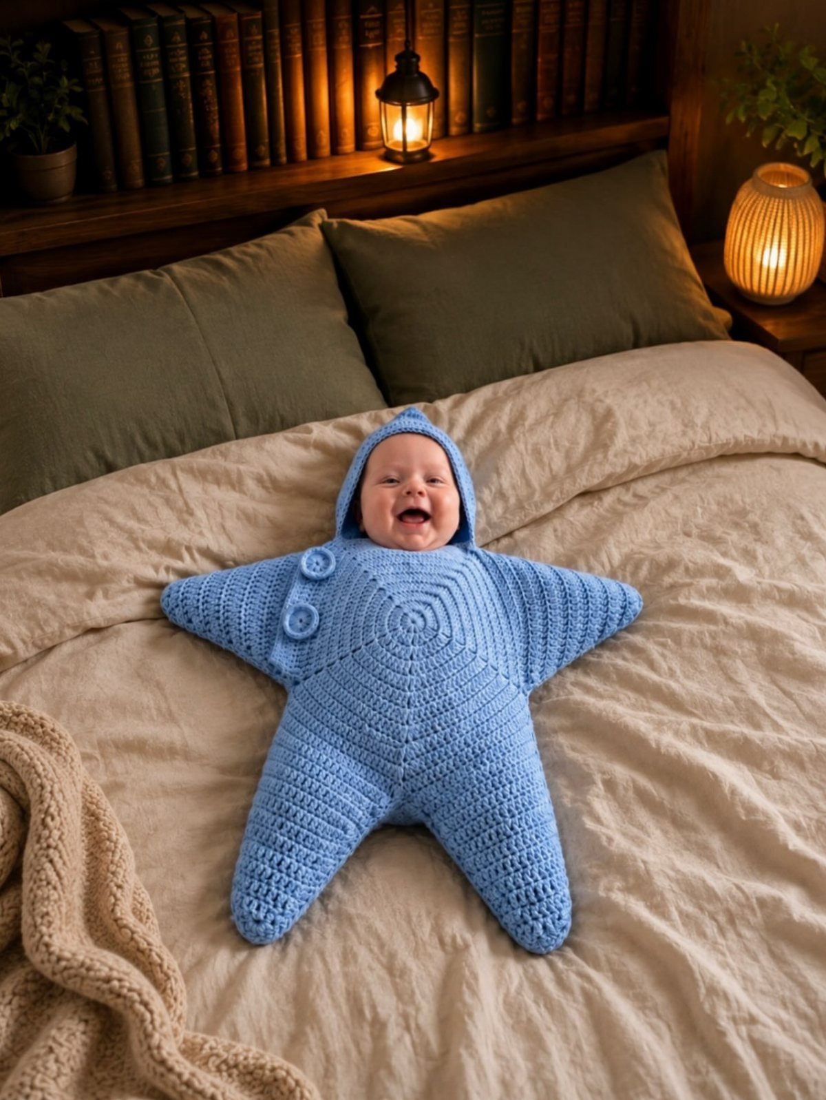 Smiling newborn baby wearing a blue crocheted star-shaped outfit on a beige bed.