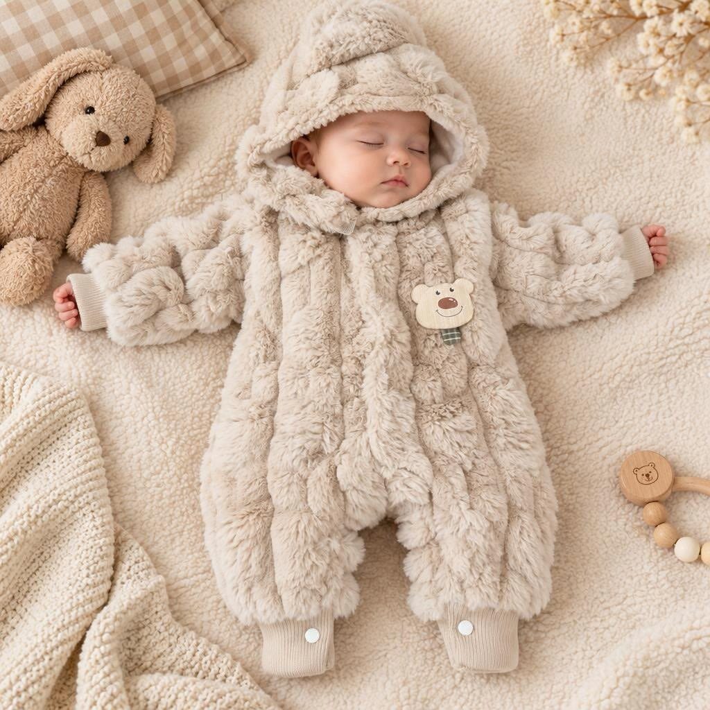 Sleeping newborn baby in a fluffy beige hooded faux-fur one-piece suit on a blanket
