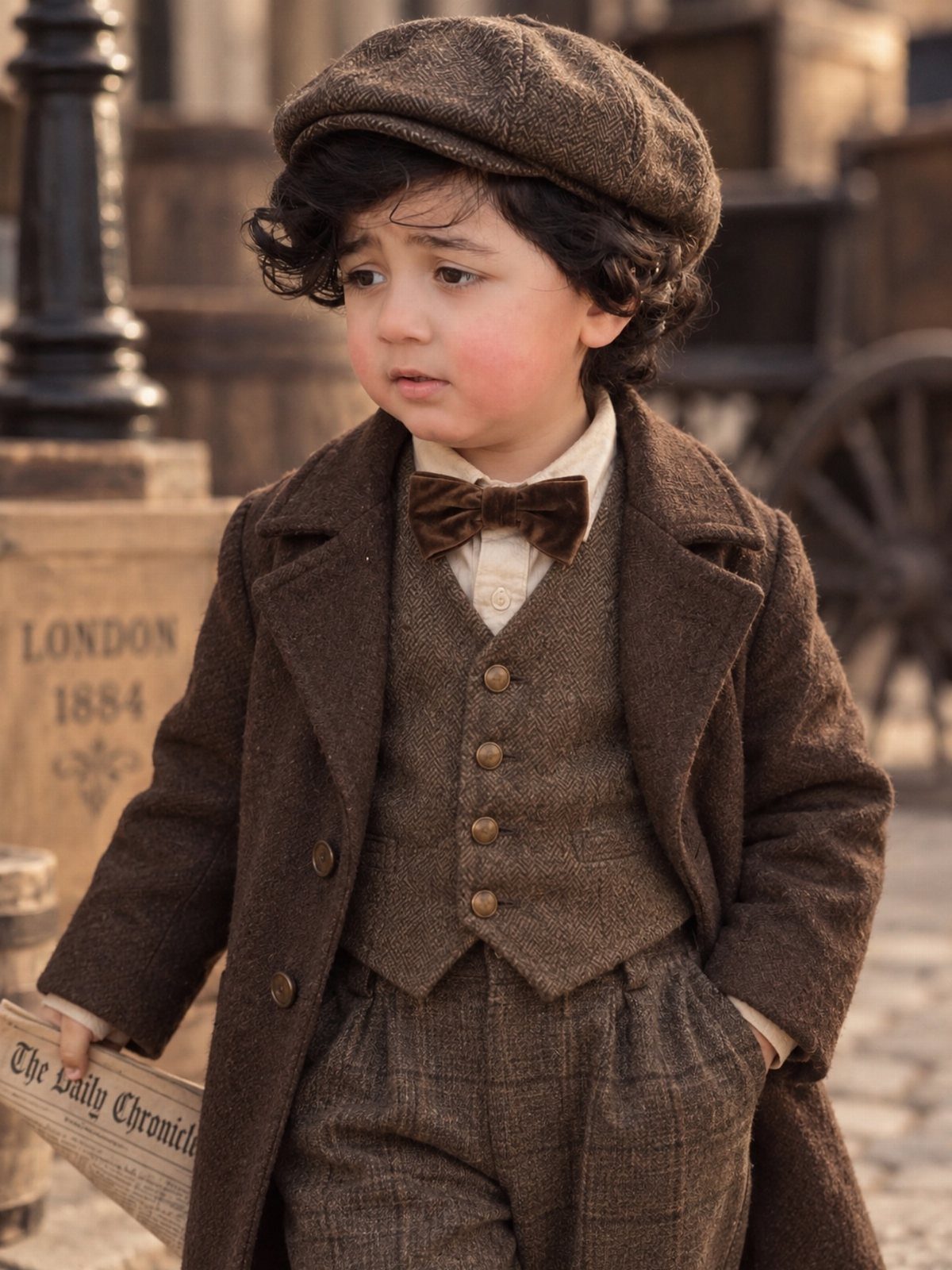 Young boy in brown Victorian tweed suit and cap holding a newspaper
